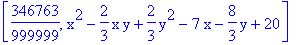[346763/999999, x^2-2/3*x*y+2/3*y^2-7*x-8/3*y+20]